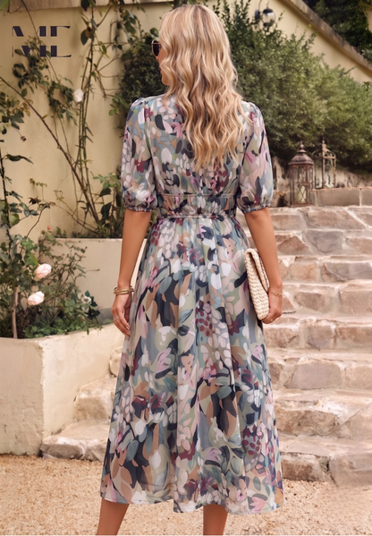 Roxelle - Abito Midi Floreale con Maniche a Sbuffo