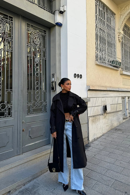 Valerienna - Abrigo largo negro para mujer tipo trench