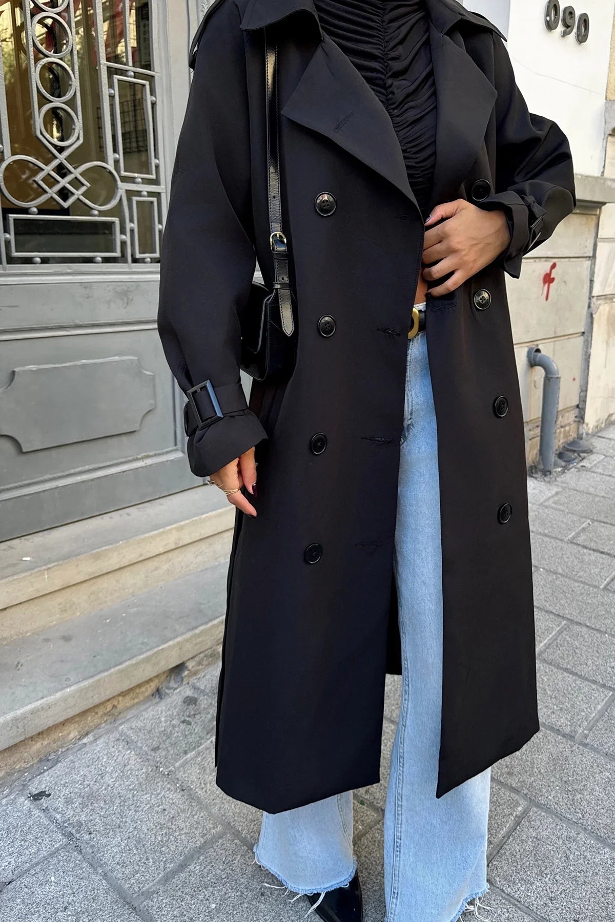 Valerienna - Abrigo largo negro para mujer tipo trench