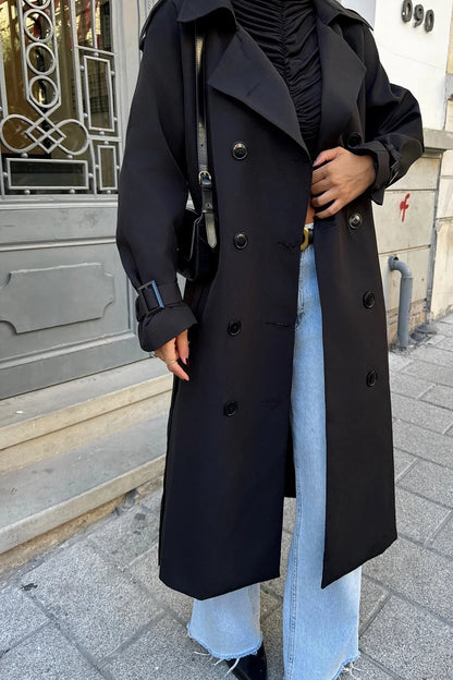 Valerienna - Abrigo largo negro para mujer tipo trench