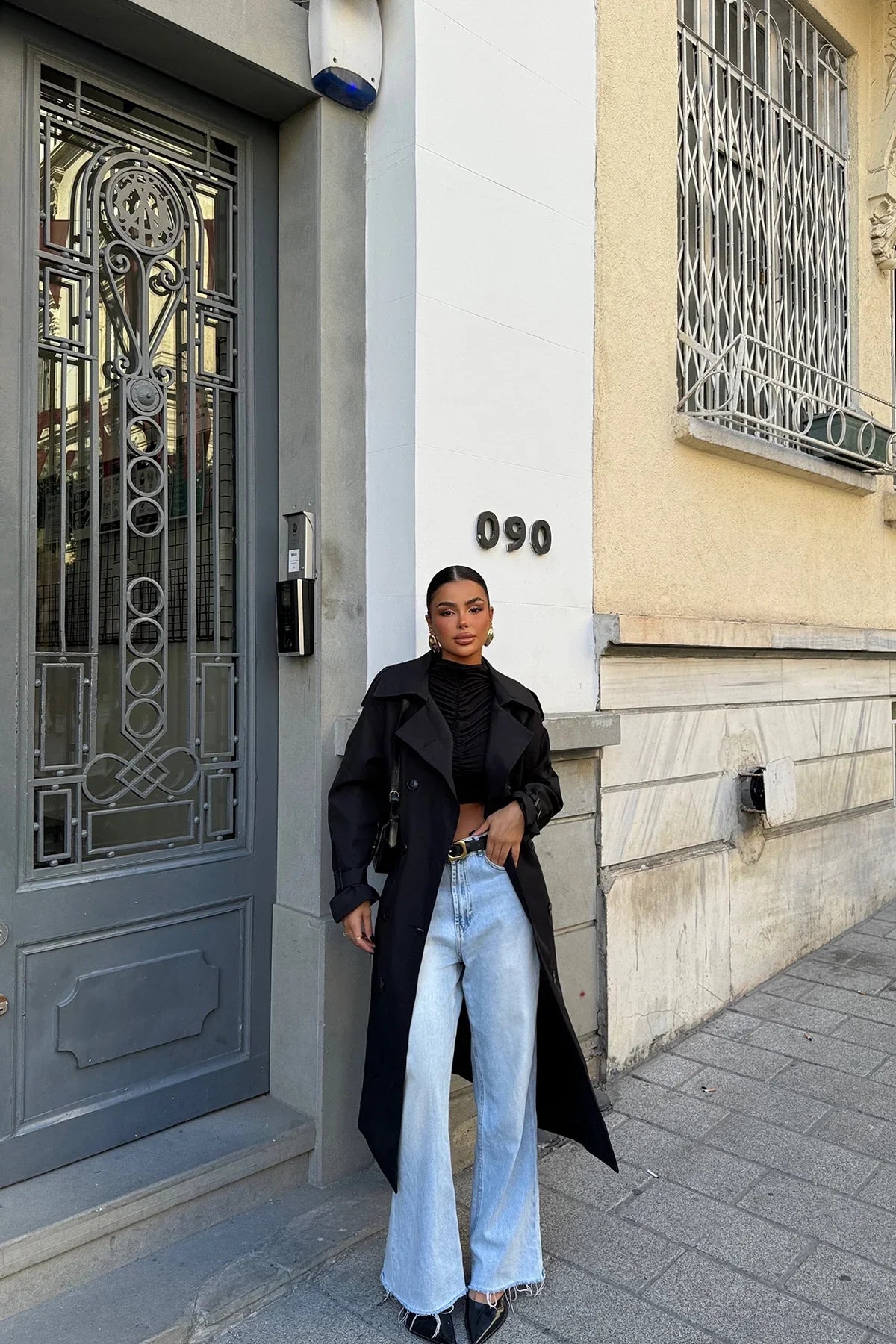 Valerienna - Abrigo largo negro para mujer tipo trench