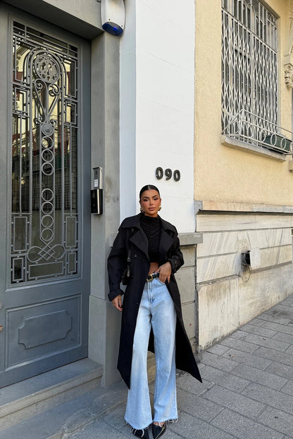 Valerienna - Abrigo largo negro para mujer tipo trench