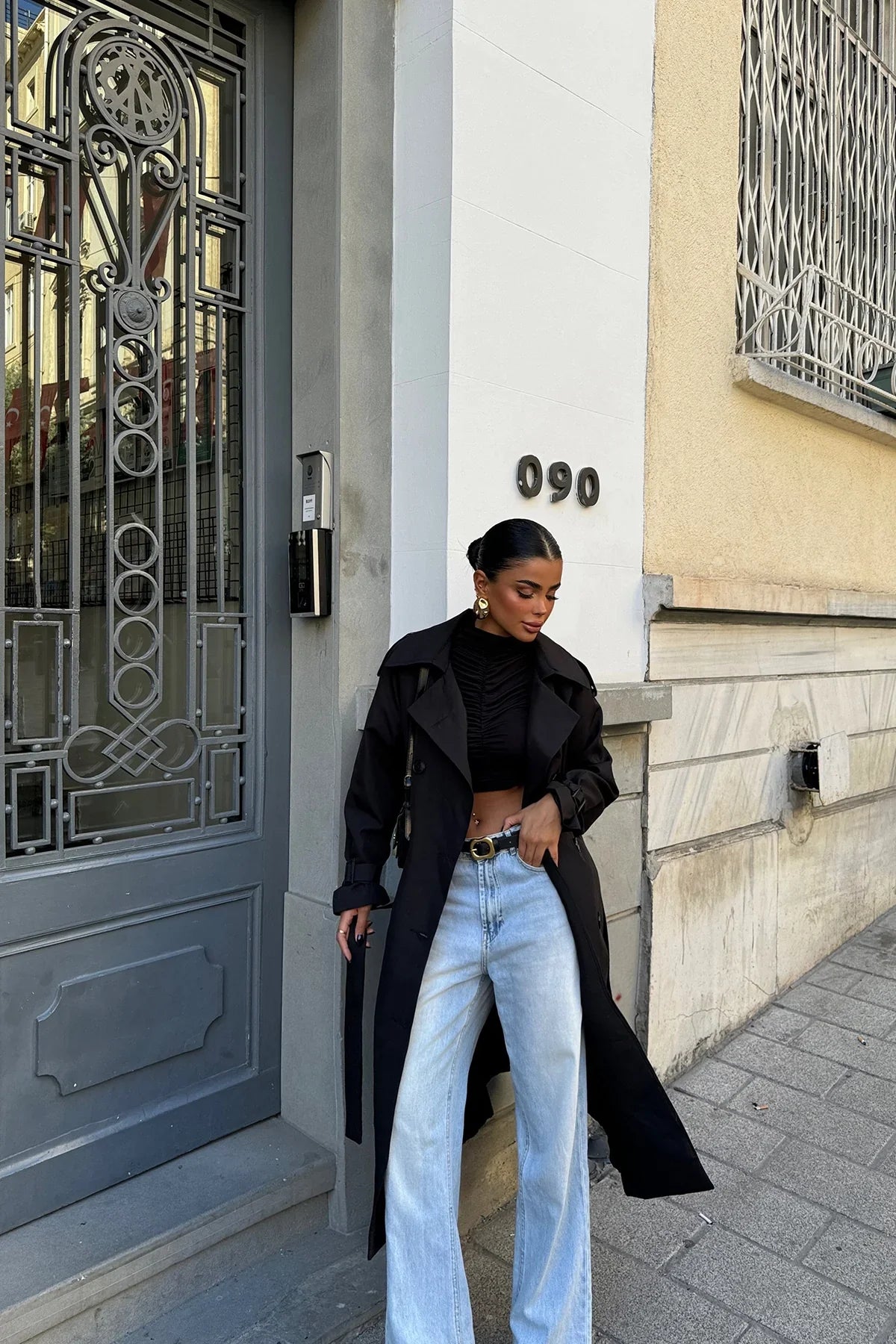 Valerienna - Abrigo largo negro para mujer tipo trench