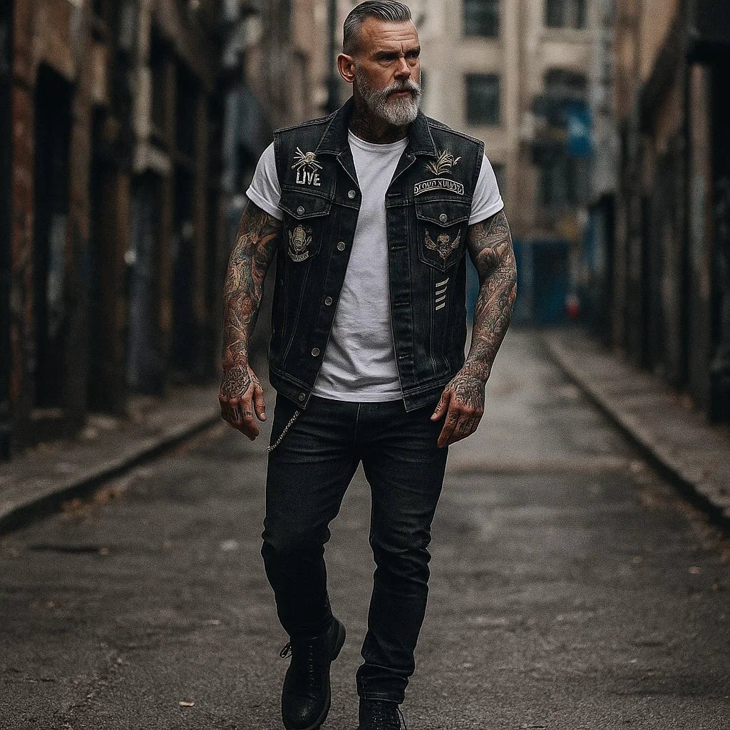 Men's Denim Motorcycle Vest Biker Sleeveless Club Style