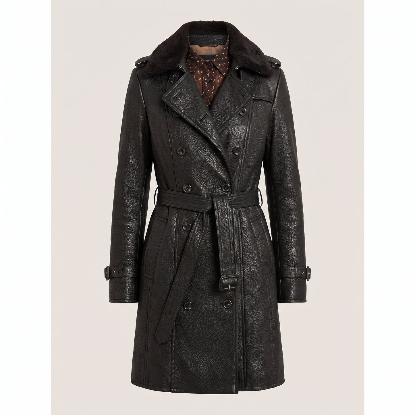 Women's Leather Double Breasted Longline Trench Coat Shearling Collar - Image 7