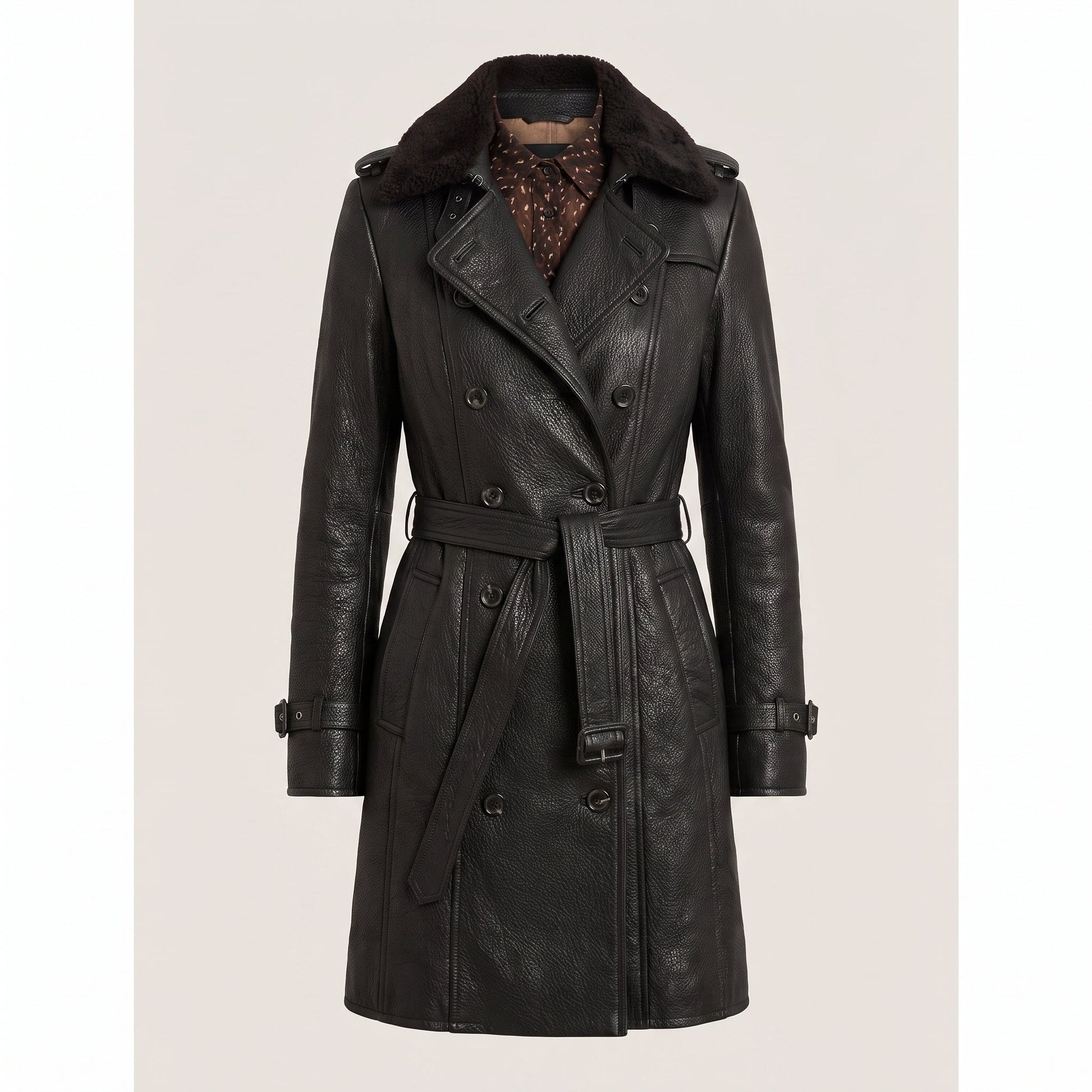 Women's Leather Double Breasted Longline Trench Coat Shearling Collar - Image 7