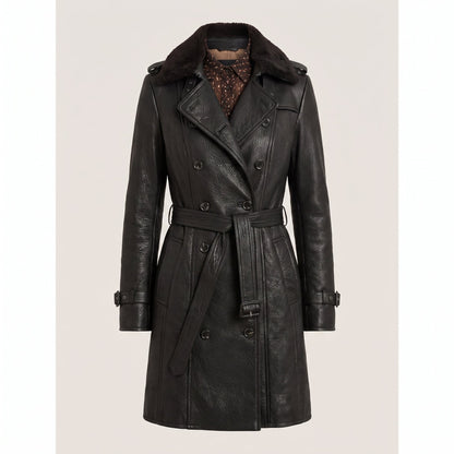 Women's Leather Double Breasted Longline Trench Coat Shearling Collar - Image 7