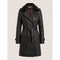 Női bőr, kétsoros, hosszított trench coat szőrme gallérral