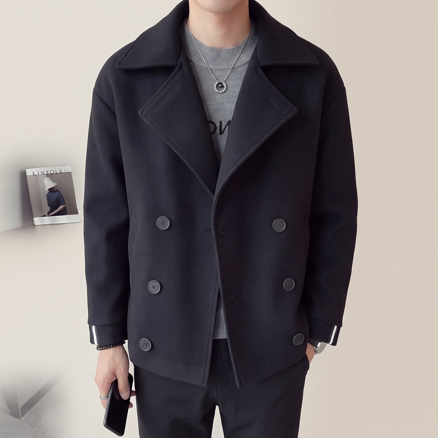 Men's Cropped Double-Breasted Trench Coat Wide Lapels - Image 8