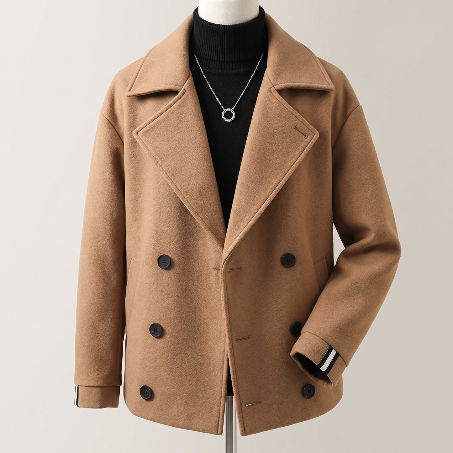 Men's Cropped Double-Breasted Trench Coat Wide Lapels - Image 7