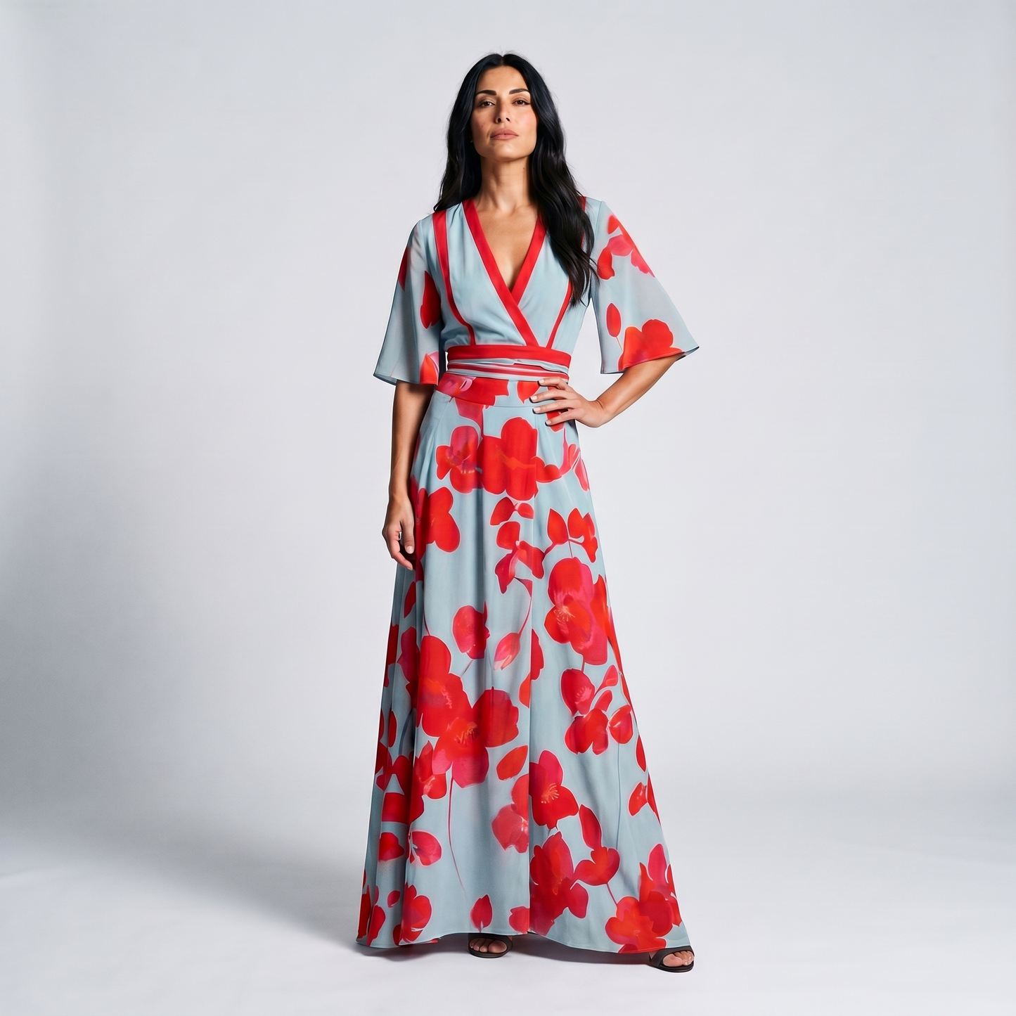 Women Floral Wrap Maxi Dress V-Neck Blue Red Poppy Print - Image 3
