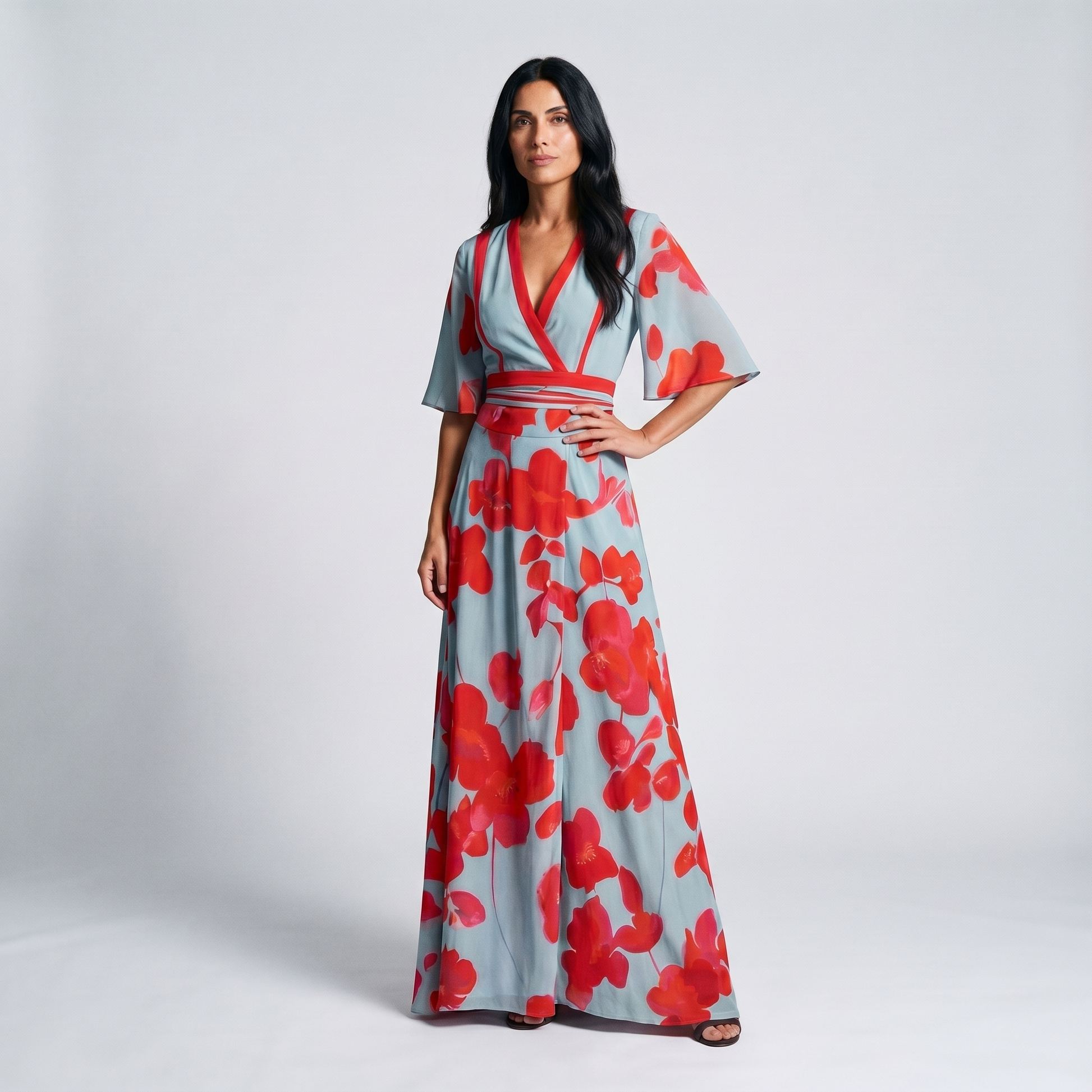 Women Floral Wrap Maxi Dress V-Neck Blue Red Poppy Print - Image 2
