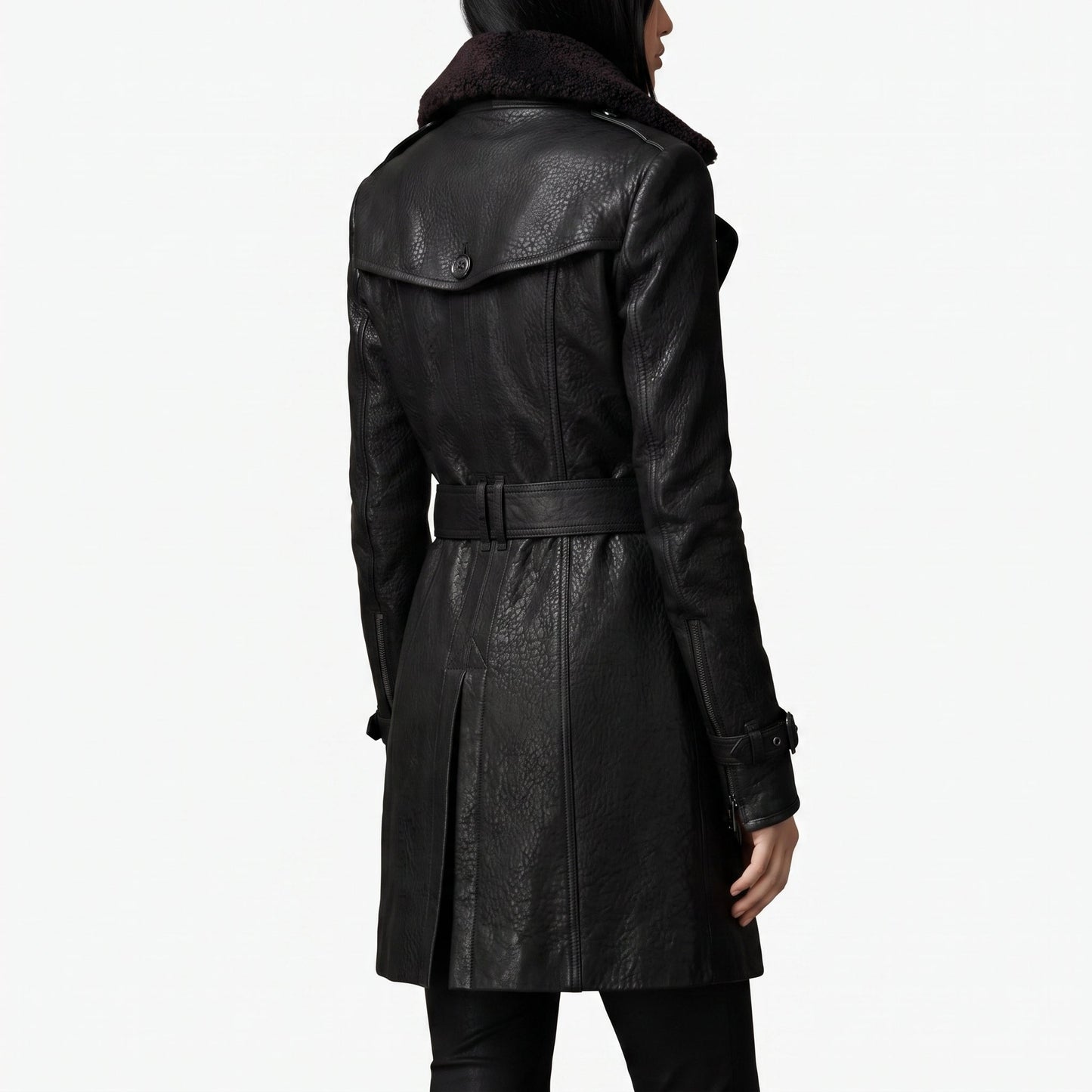 Women's Leather Double Breasted Longline Trench Coat Shearling Collar - Image 2