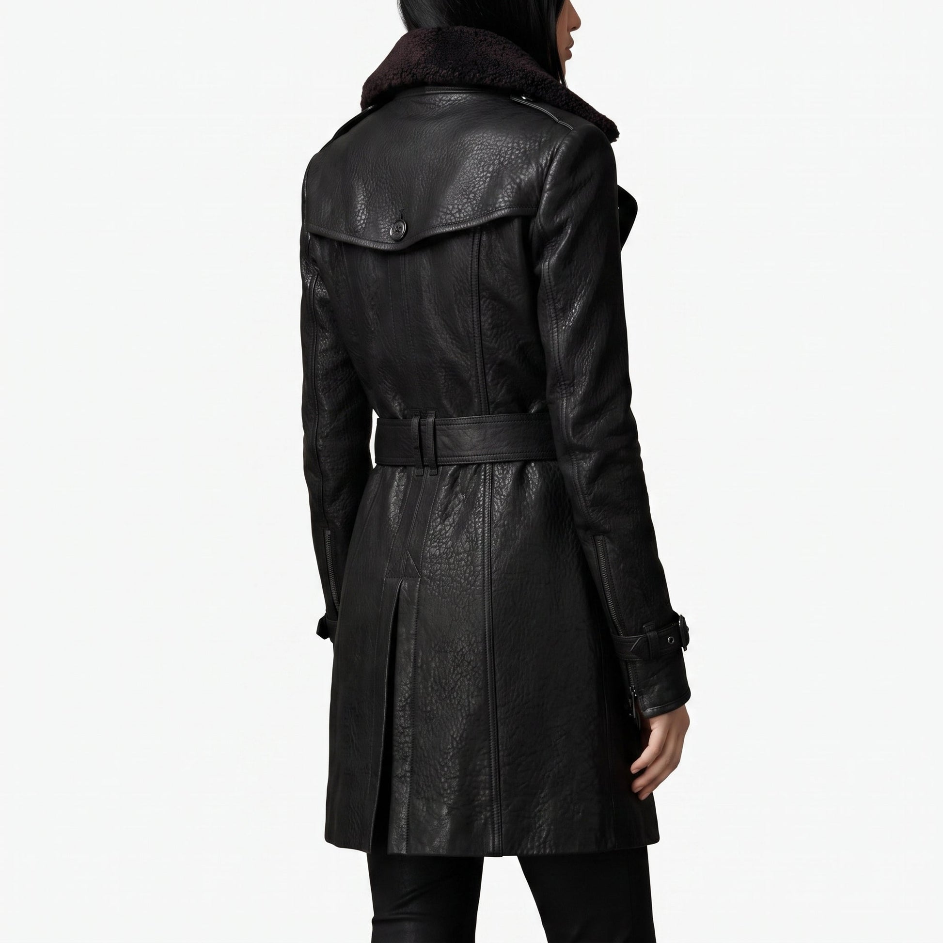 Women's Leather Double Breasted Longline Trench Coat Shearling Collar - Image 2