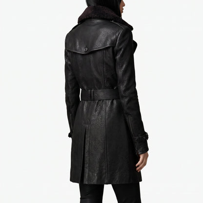 Women's Leather Double Breasted Longline Trench Coat Shearling Collar - Image 2
