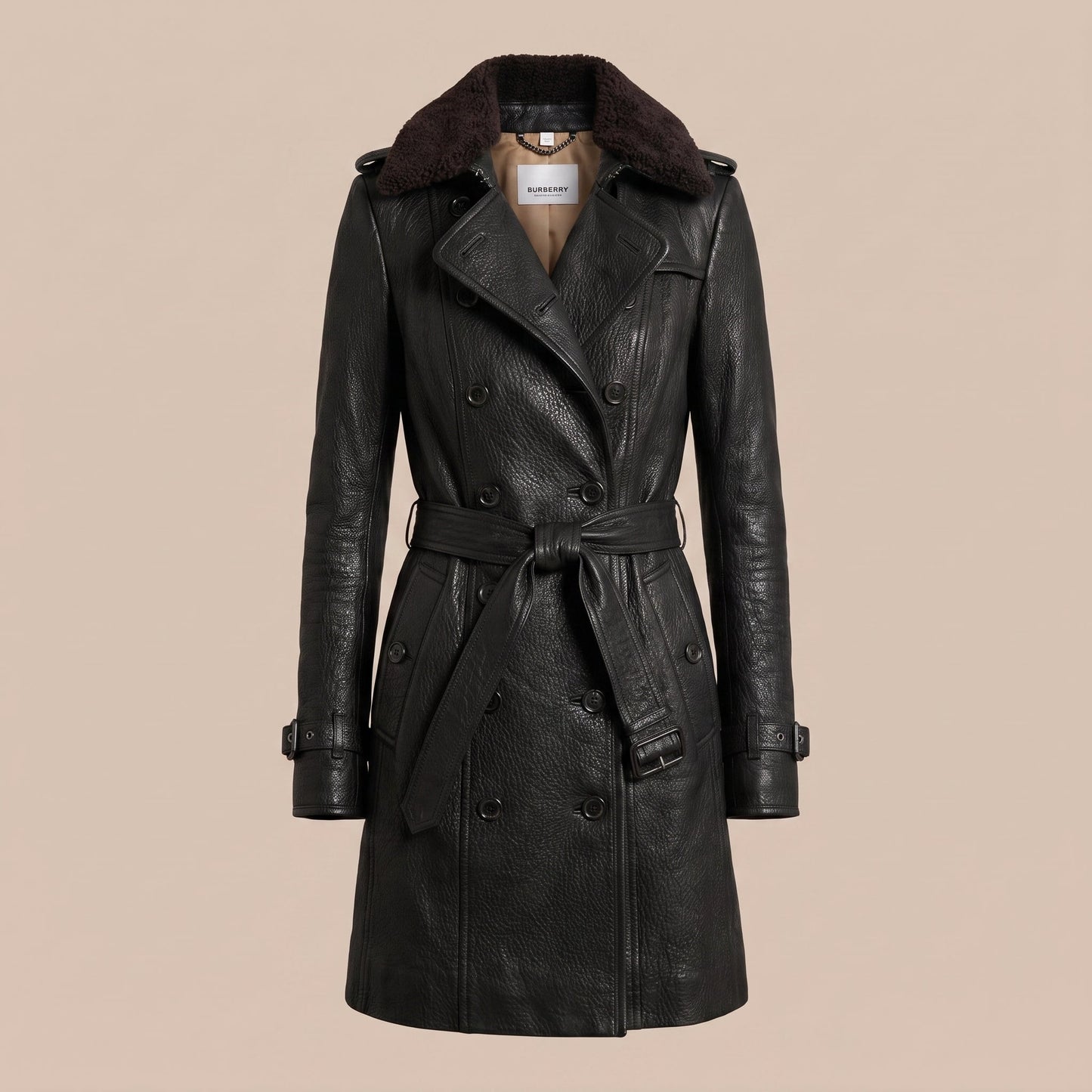 Women's Leather Double Breasted Longline Trench Coat Shearling Collar