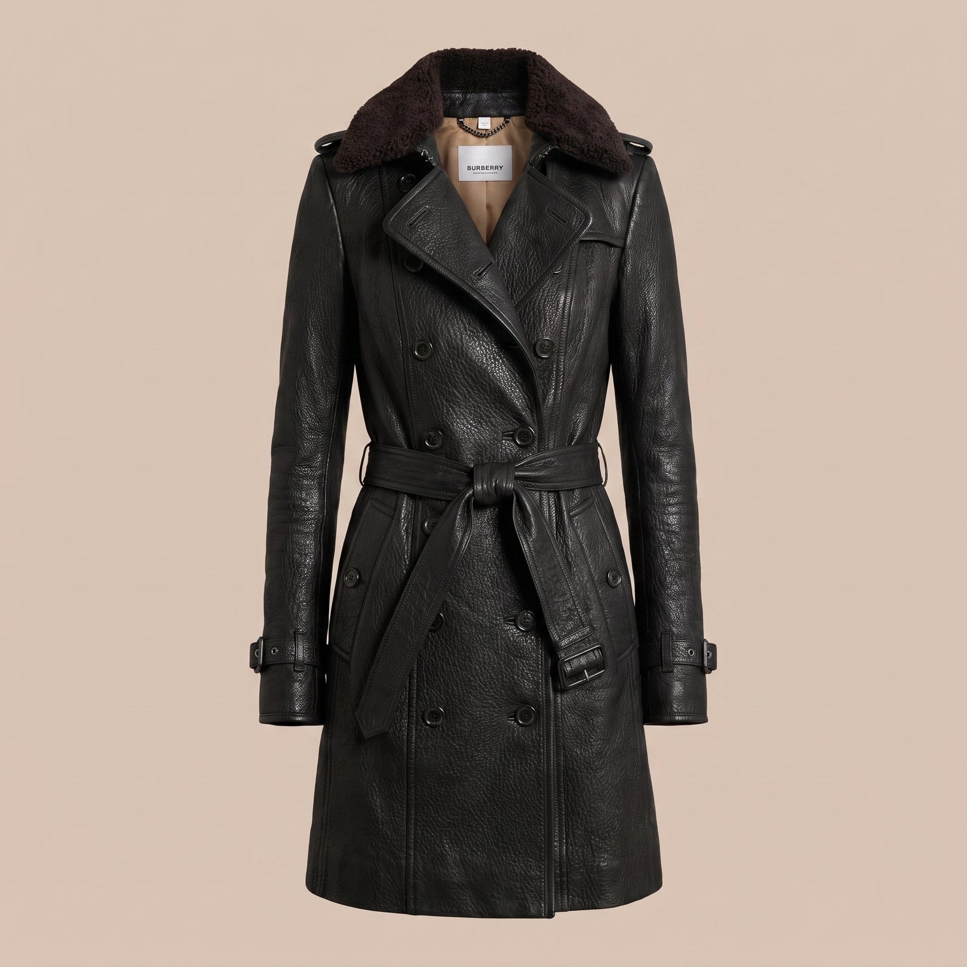 Women's Leather Double Breasted Longline Trench Coat Shearling Collar