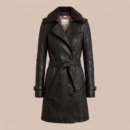 Women's Leather Double Breasted Longline Trench Coat Shearling Collar
