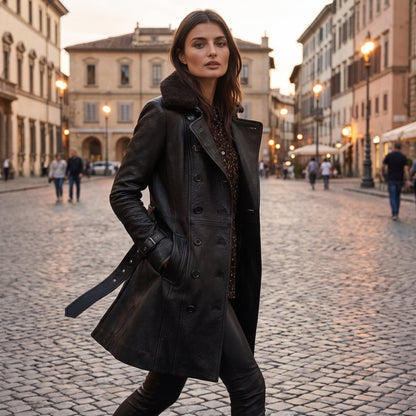Women's Leather Double Breasted Longline Trench Coat Shearling Collar - Image 5
