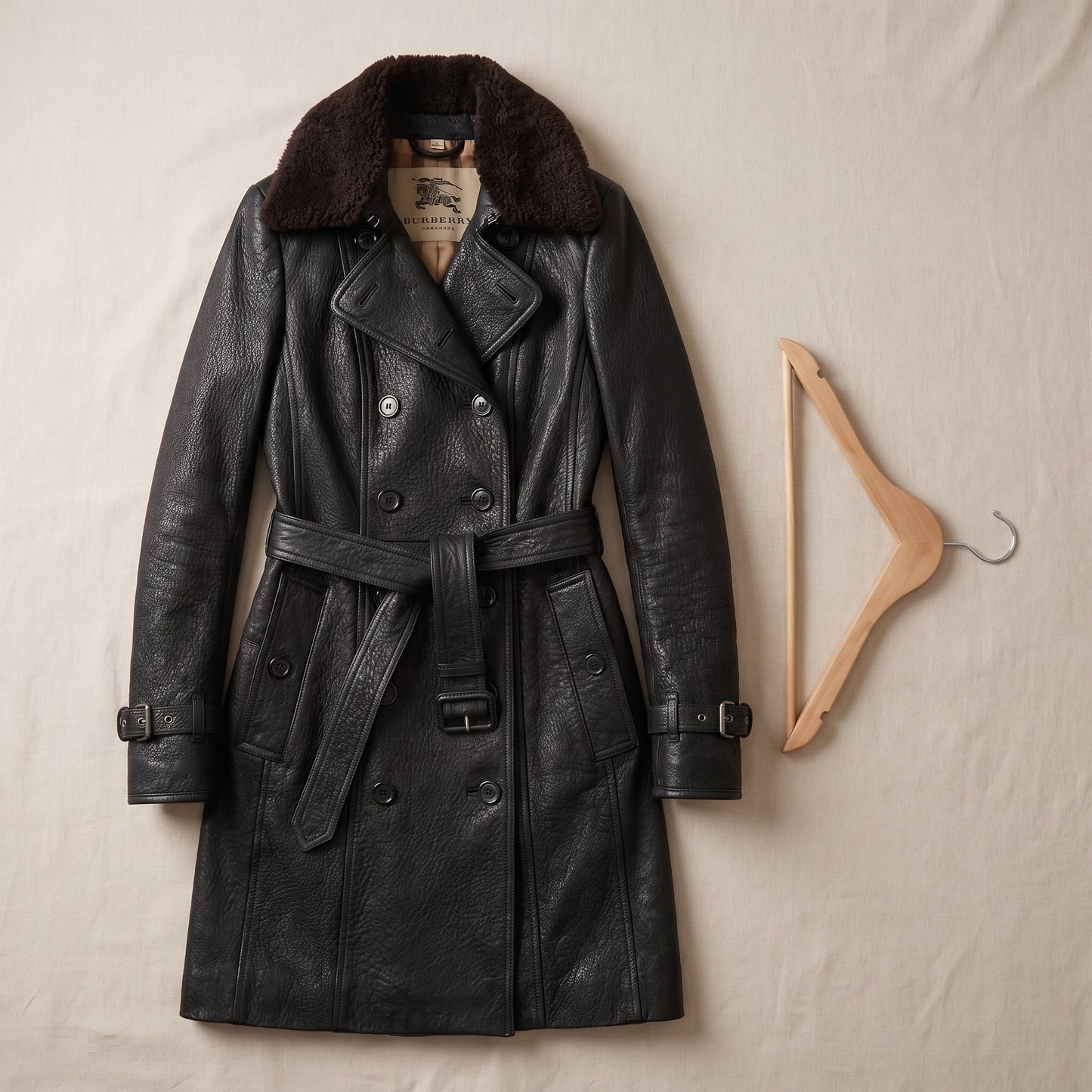 Women's Leather Double Breasted Longline Trench Coat Shearling Collar - Image 4