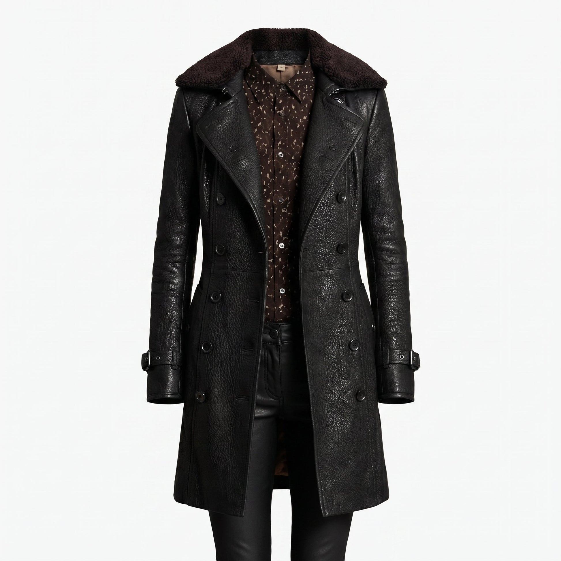 Women's Leather Double Breasted Longline Trench Coat Shearling Collar - Image 6