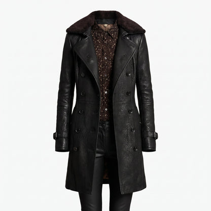 Women's Leather Double Breasted Longline Trench Coat Shearling Collar - Image 6