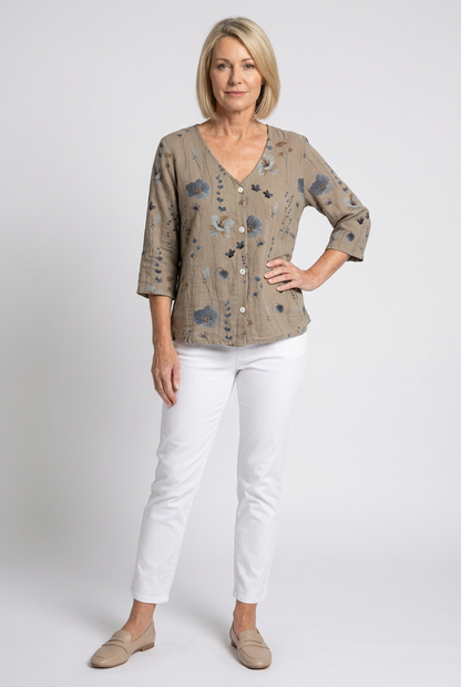 Women's Floral V-Neck Blouse Three-Quarter Sleeve Plus Size - Image 2