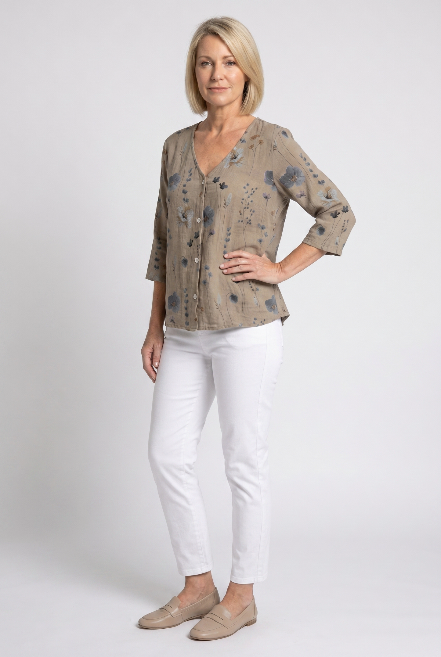 Women's Floral V-Neck Blouse Three-Quarter Sleeve Plus Size - Image 3