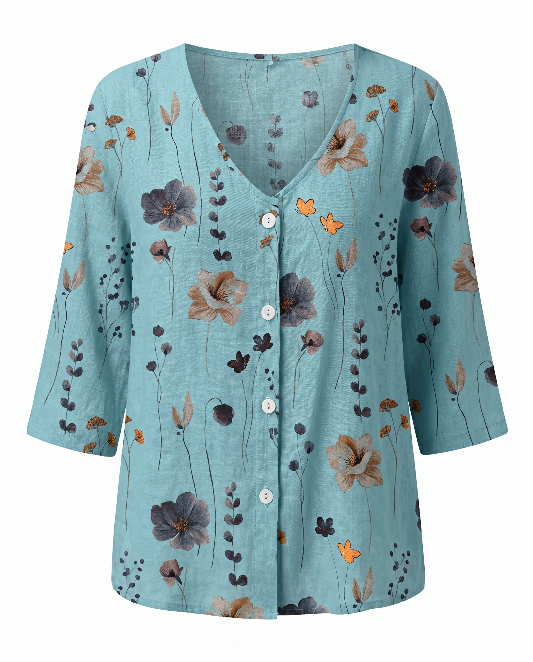 Women's Floral V-Neck Blouse Three-Quarter Sleeve Plus Size - Image 8