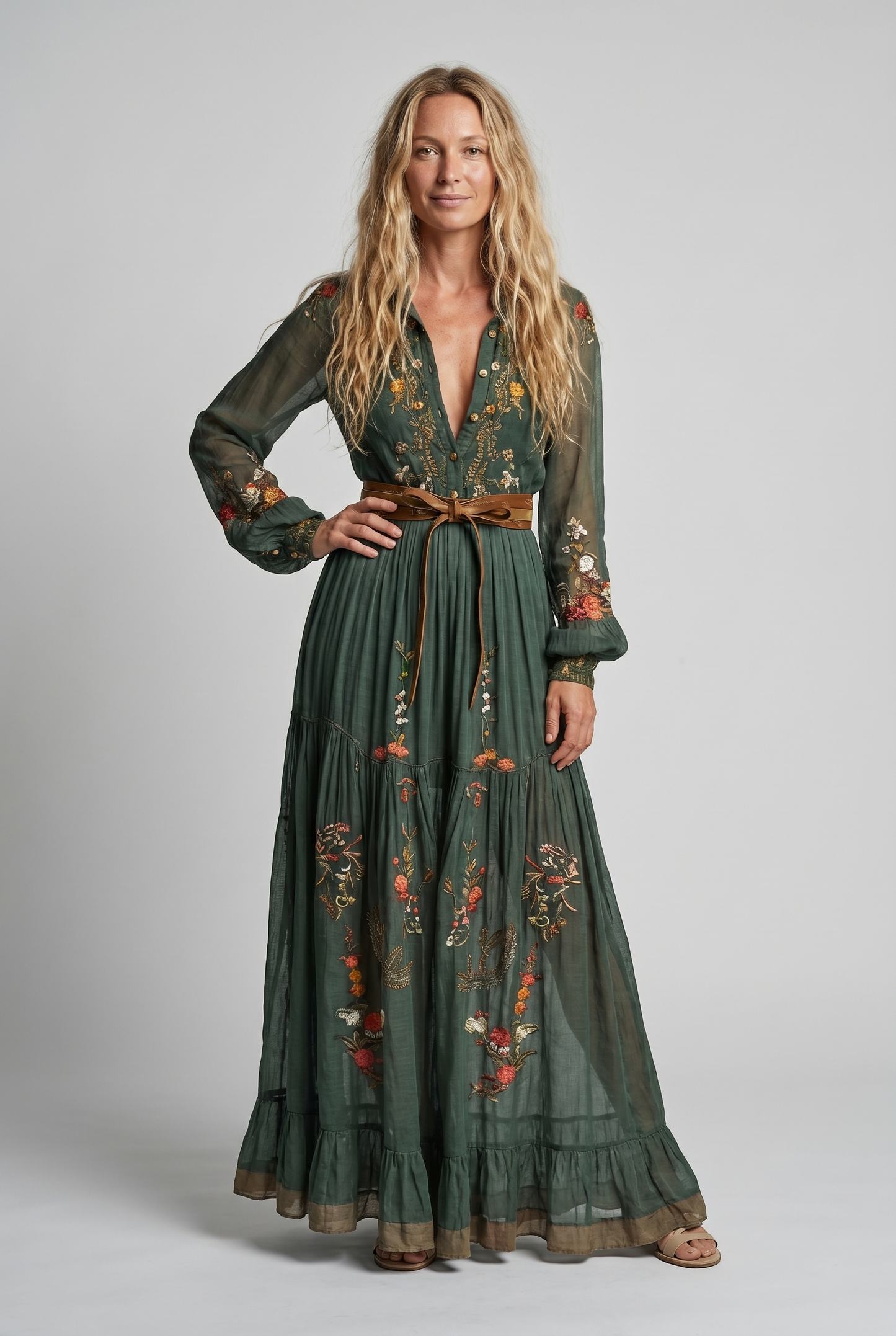 Women Embroidered Bohemian Maxi Dress V Neck - Image 2