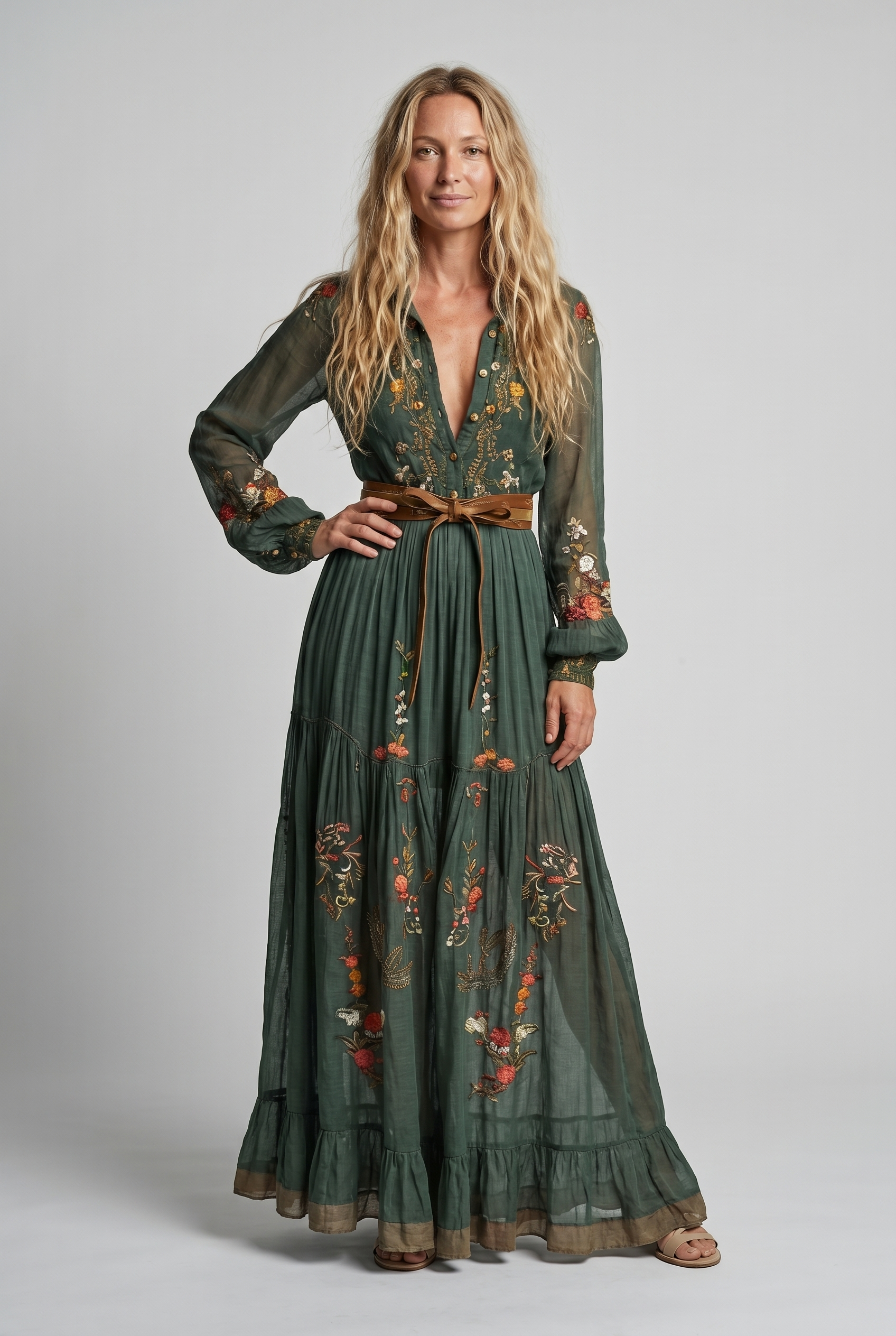 Women Embroidered Bohemian Maxi Dress V Neck - Image 2