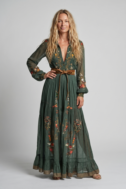 Women Embroidered Bohemian Maxi Dress V Neck - Image 2