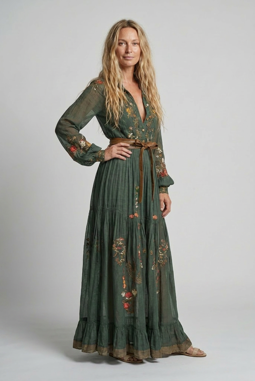 Women Embroidered Bohemian Maxi Dress V Neck - Image 3