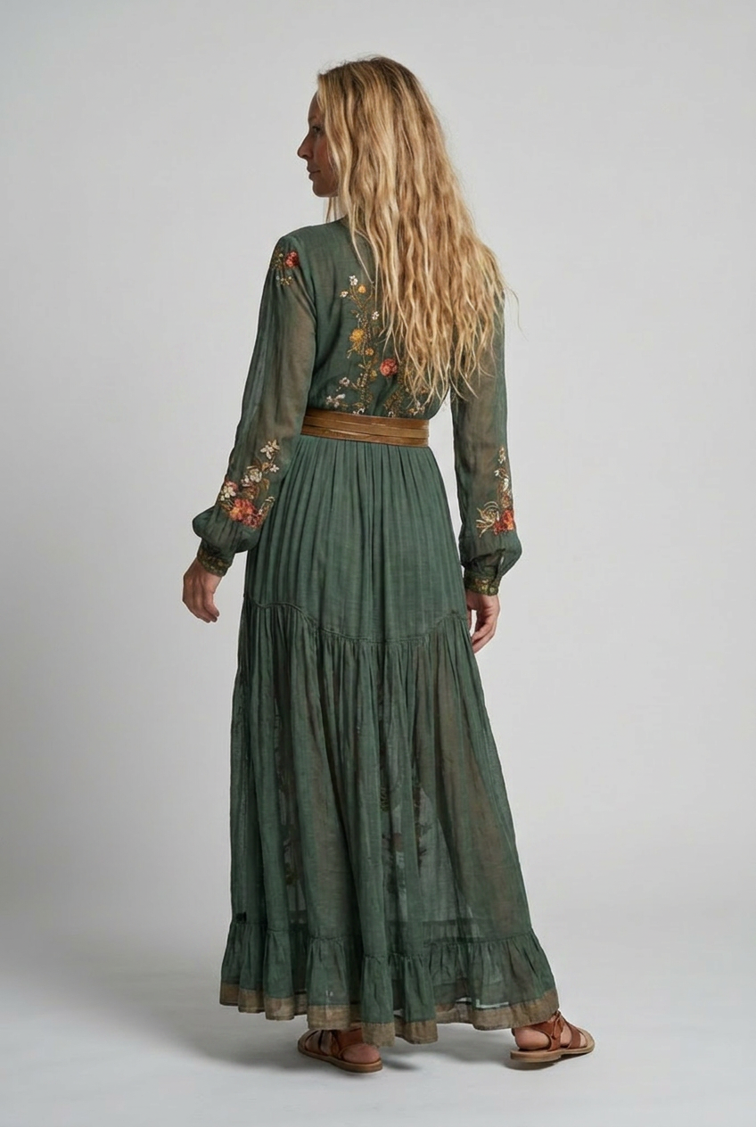 Women Embroidered Bohemian Maxi Dress V Neck - Image 4