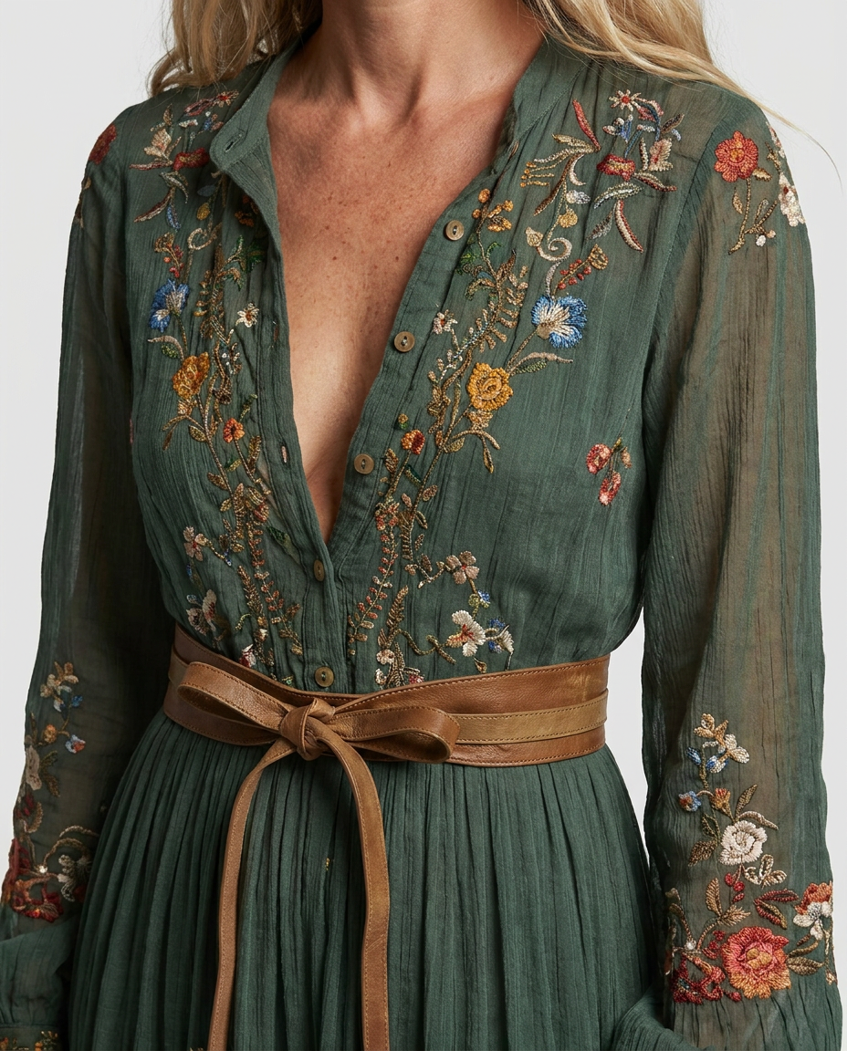 Women Embroidered Bohemian Maxi Dress V Neck - Image 5
