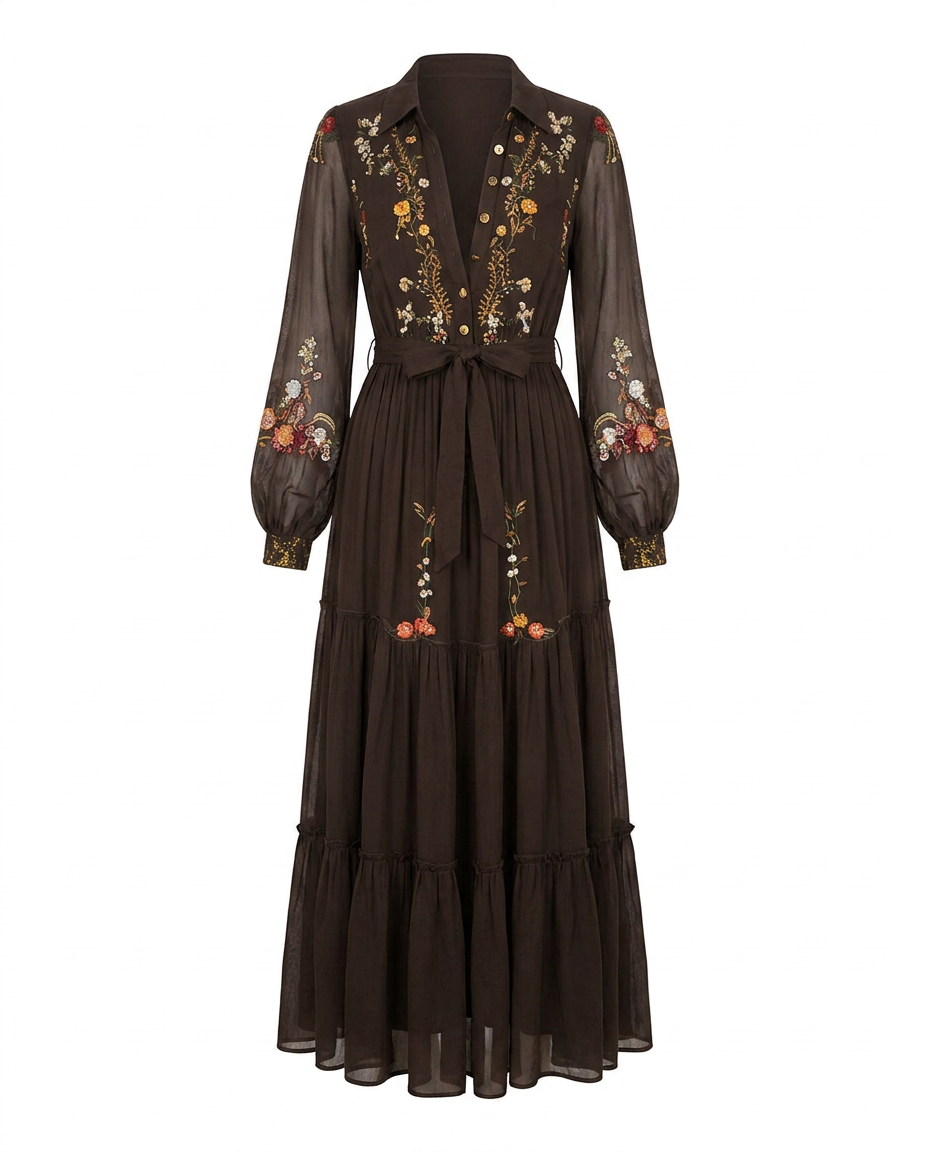 Women Embroidered Bohemian Maxi Dress V Neck - Image 7