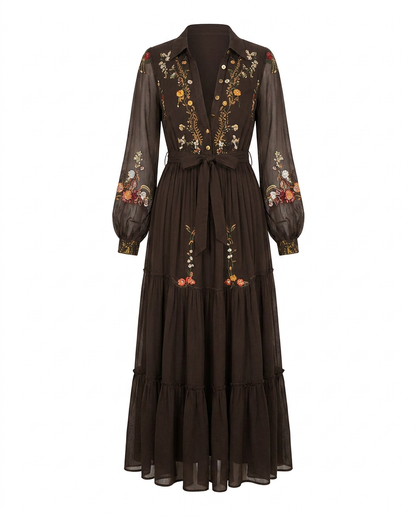 Women Embroidered Bohemian Maxi Dress V Neck - Image 7