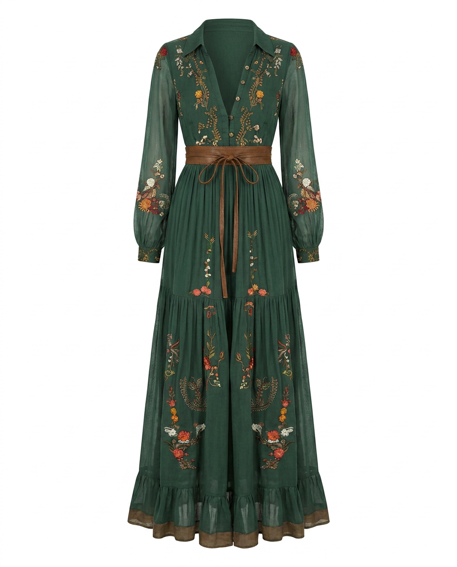 Women Embroidered Bohemian Maxi Dress V Neck - Image 6