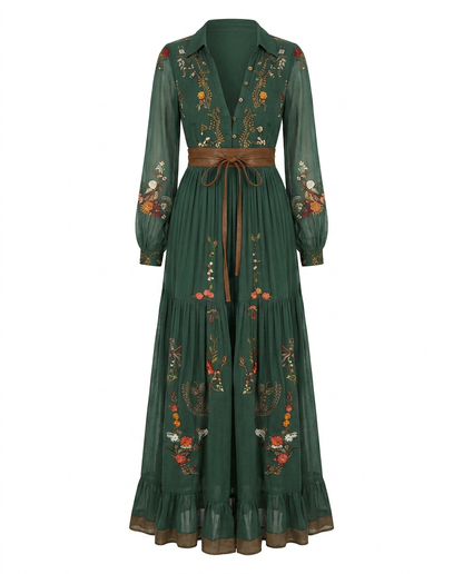 Women Embroidered Bohemian Maxi Dress V Neck - Image 6