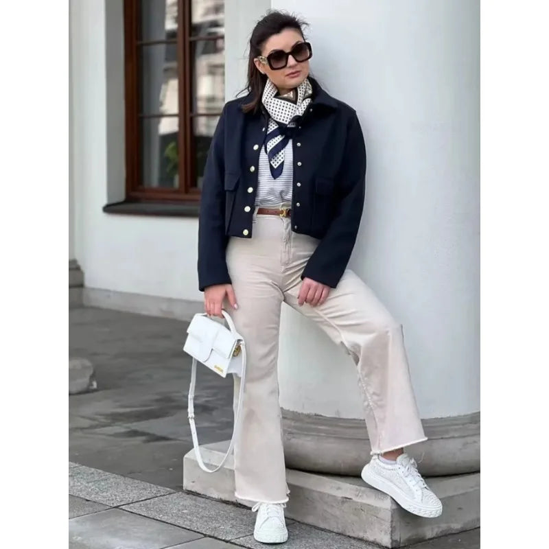 Harpenza – Chaqueta bomber corta con botones delanteros para mujer