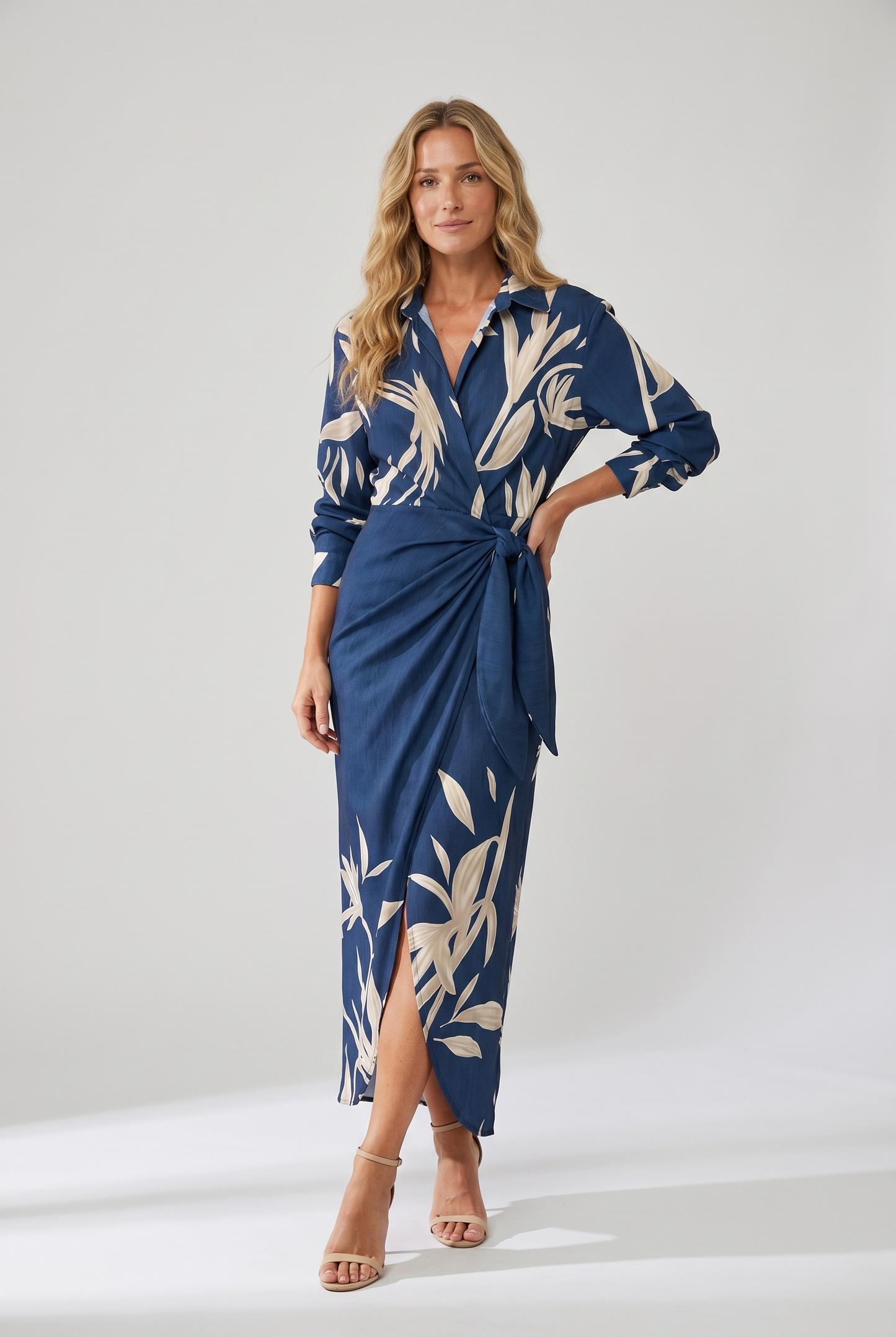 Women's Leaf Print Maxi Wrap Dress Long Sleeve V-Neck - Image 2