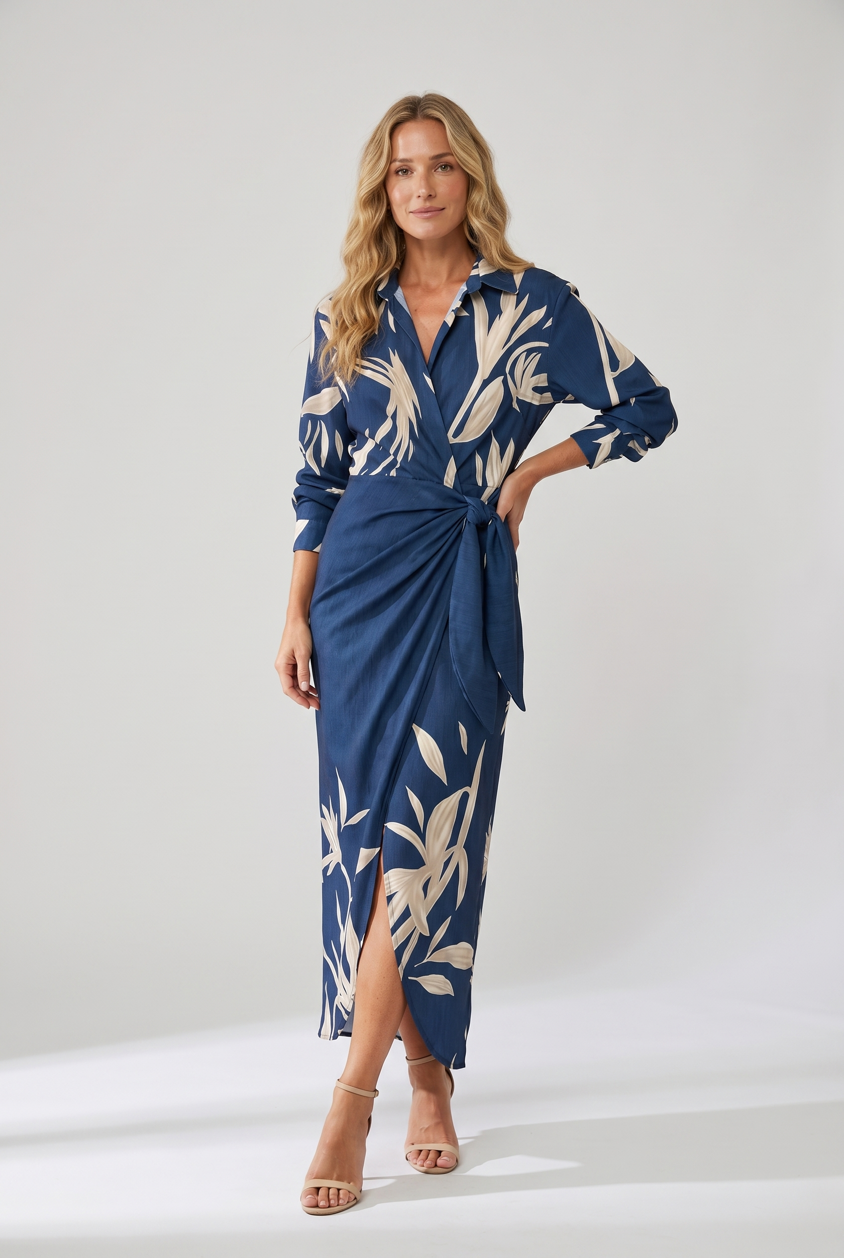 Women's Leaf Print Maxi Wrap Dress Long Sleeve V-Neck - Image 2