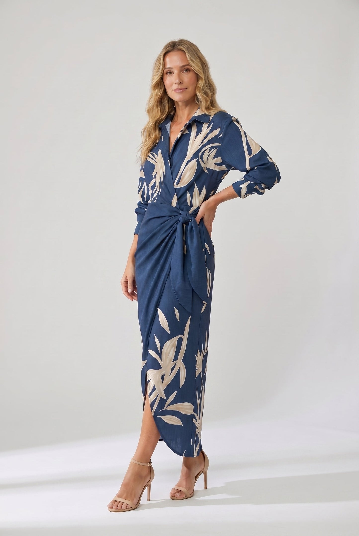 Women's Leaf Print Maxi Wrap Dress Long Sleeve V-Neck - Image 3
