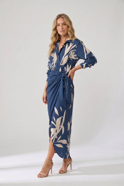 Women's Leaf Print Maxi Wrap Dress Long Sleeve V-Neck - Image 3