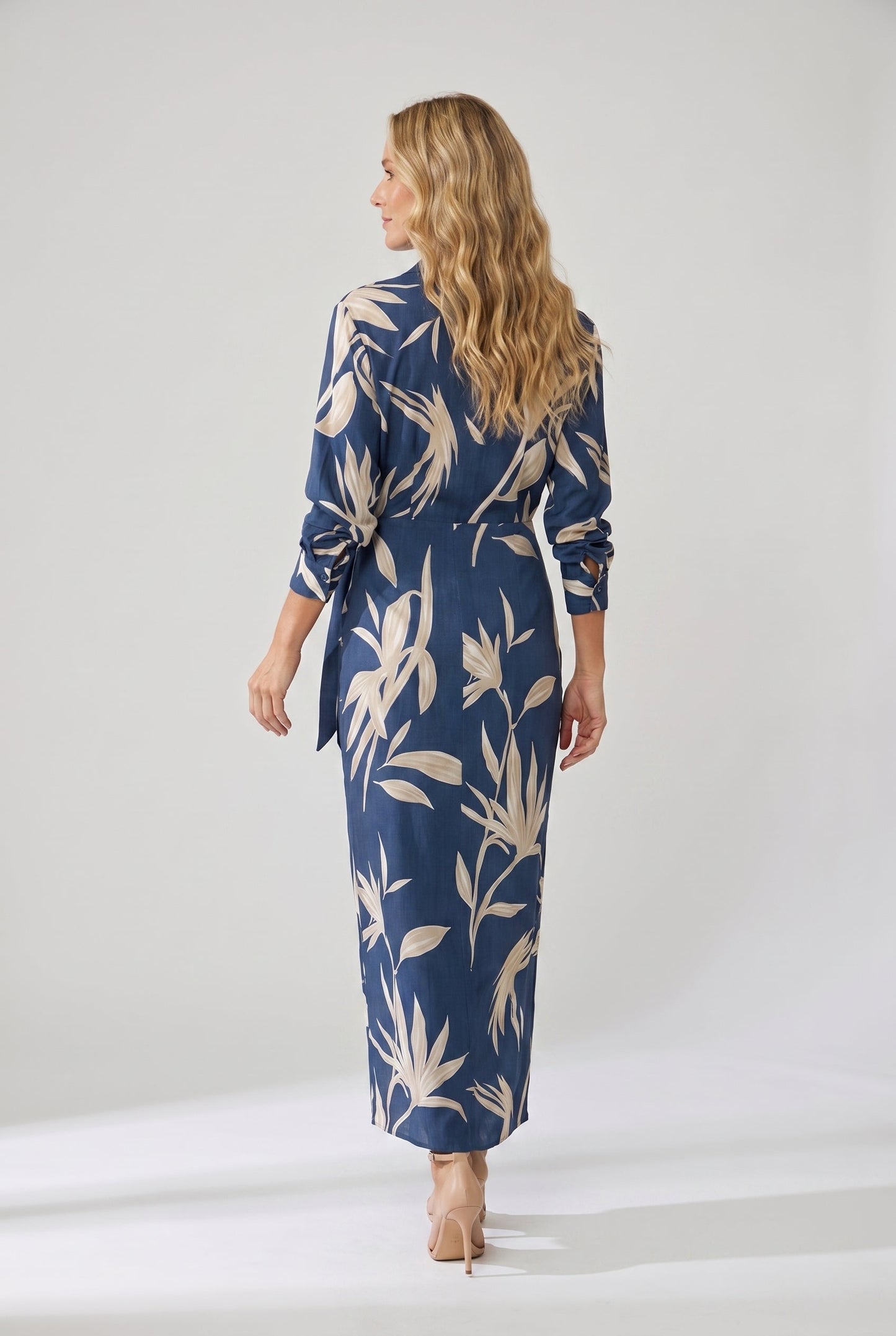 Women's Leaf Print Maxi Wrap Dress Long Sleeve V-Neck - Image 4