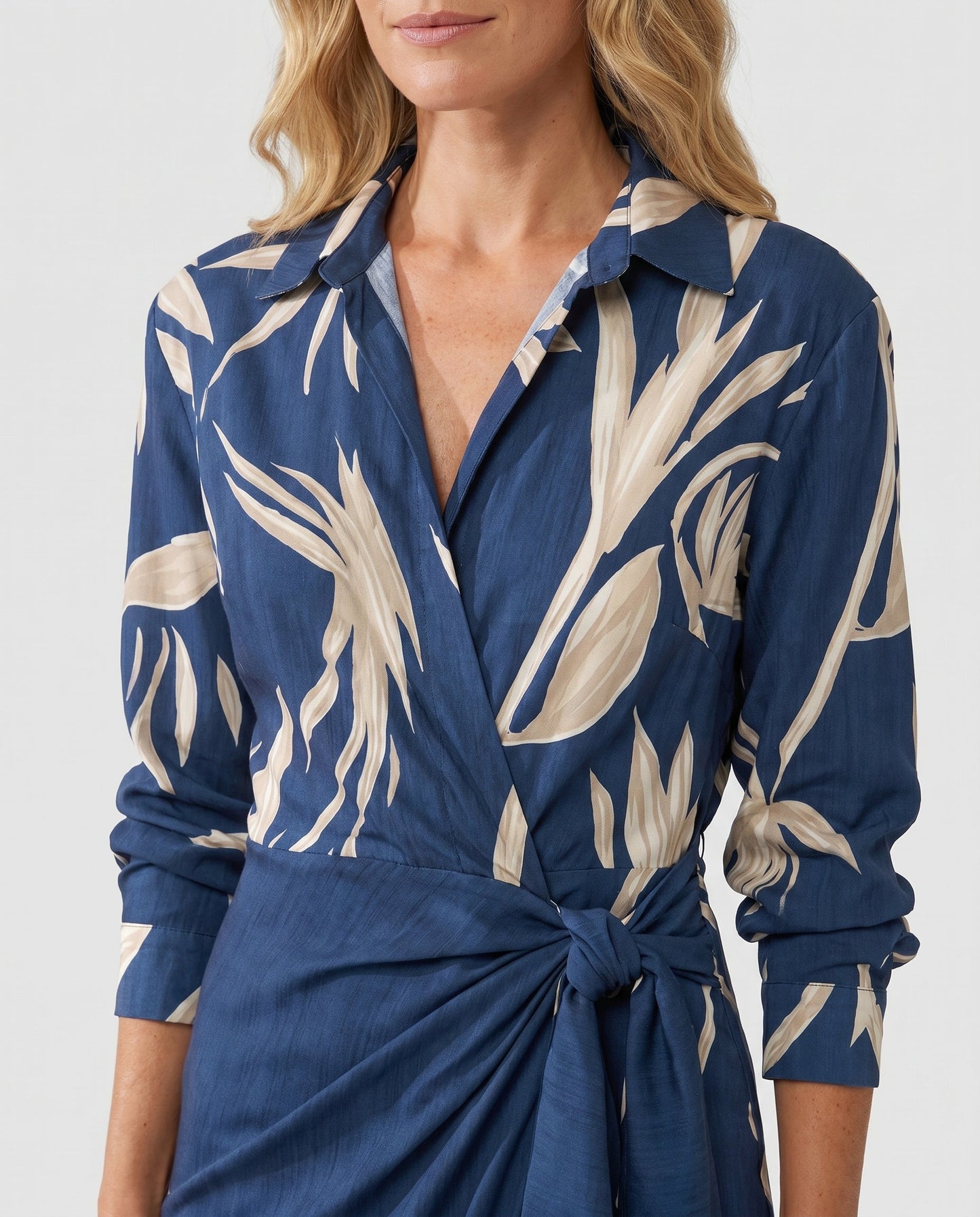 Women's Leaf Print Maxi Wrap Dress Long Sleeve V-Neck - Image 5