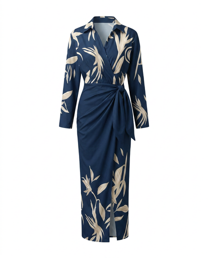 Women's Leaf Print Maxi Wrap Dress Long Sleeve V-Neck - Image 6
