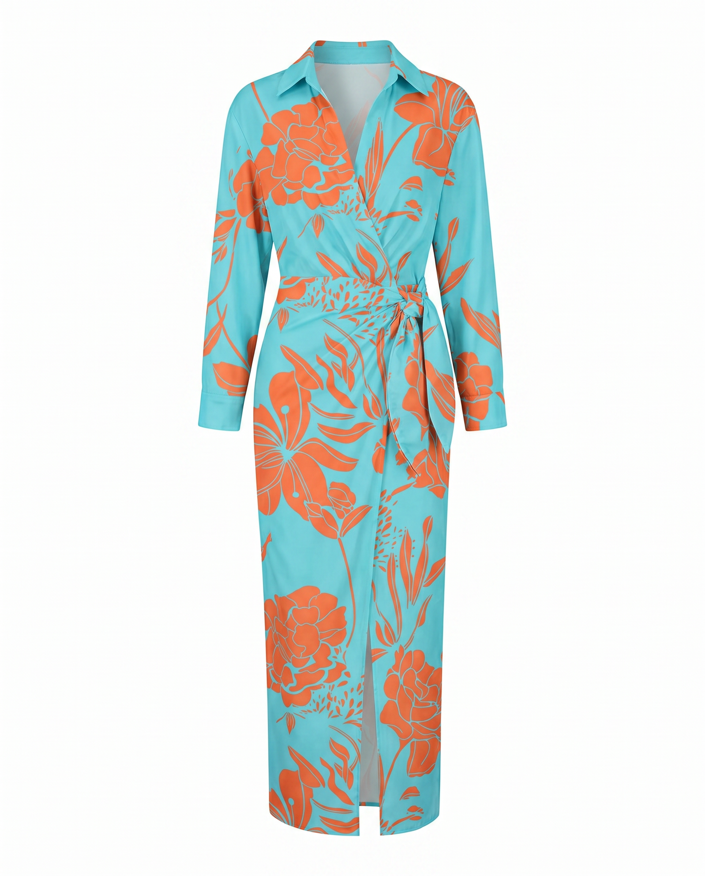 Women's Leaf Print Maxi Wrap Dress Long Sleeve V-Neck - Image 7