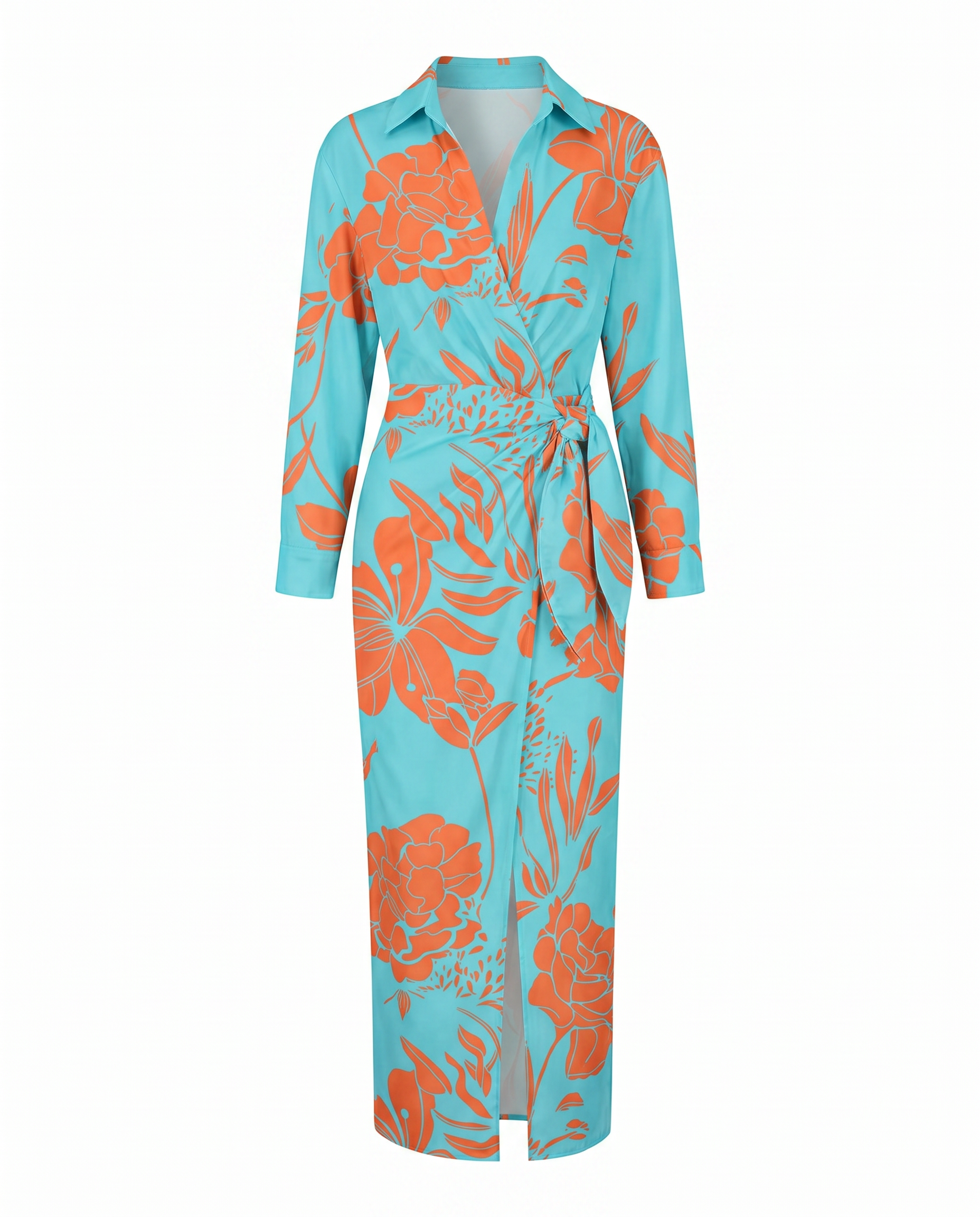 Women's Leaf Print Maxi Wrap Dress Long Sleeve V-Neck - Image 7