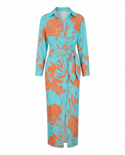 Women's Leaf Print Maxi Wrap Dress Long Sleeve V-Neck - Image 7